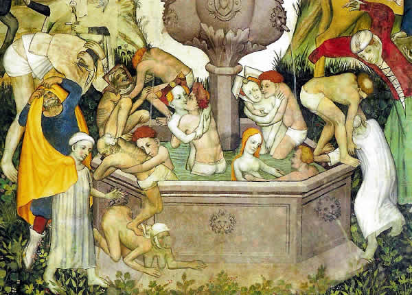Фреска в Кастелла делла Манта, на которой изображены одевающиеся мужчины